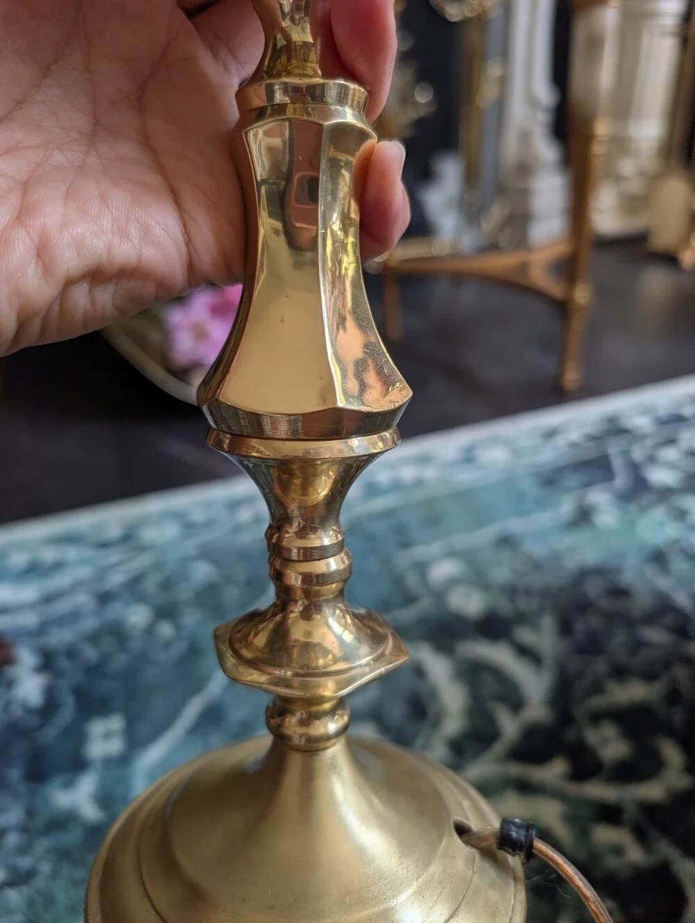 Vintage Brass MCM Hollywood Regency Candlestick Table lamp w/ beaded shade 23